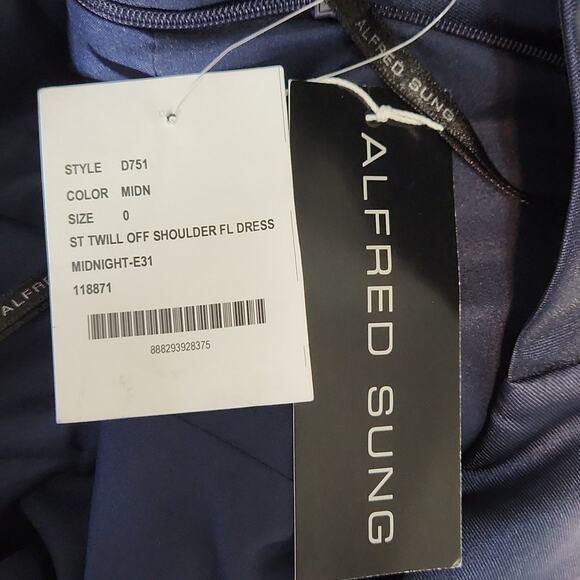 Alfred Sung Women's Midnight Blue Criss-cross Off The Shoulder Gown Dress D751 0 - Picture 12 of 14